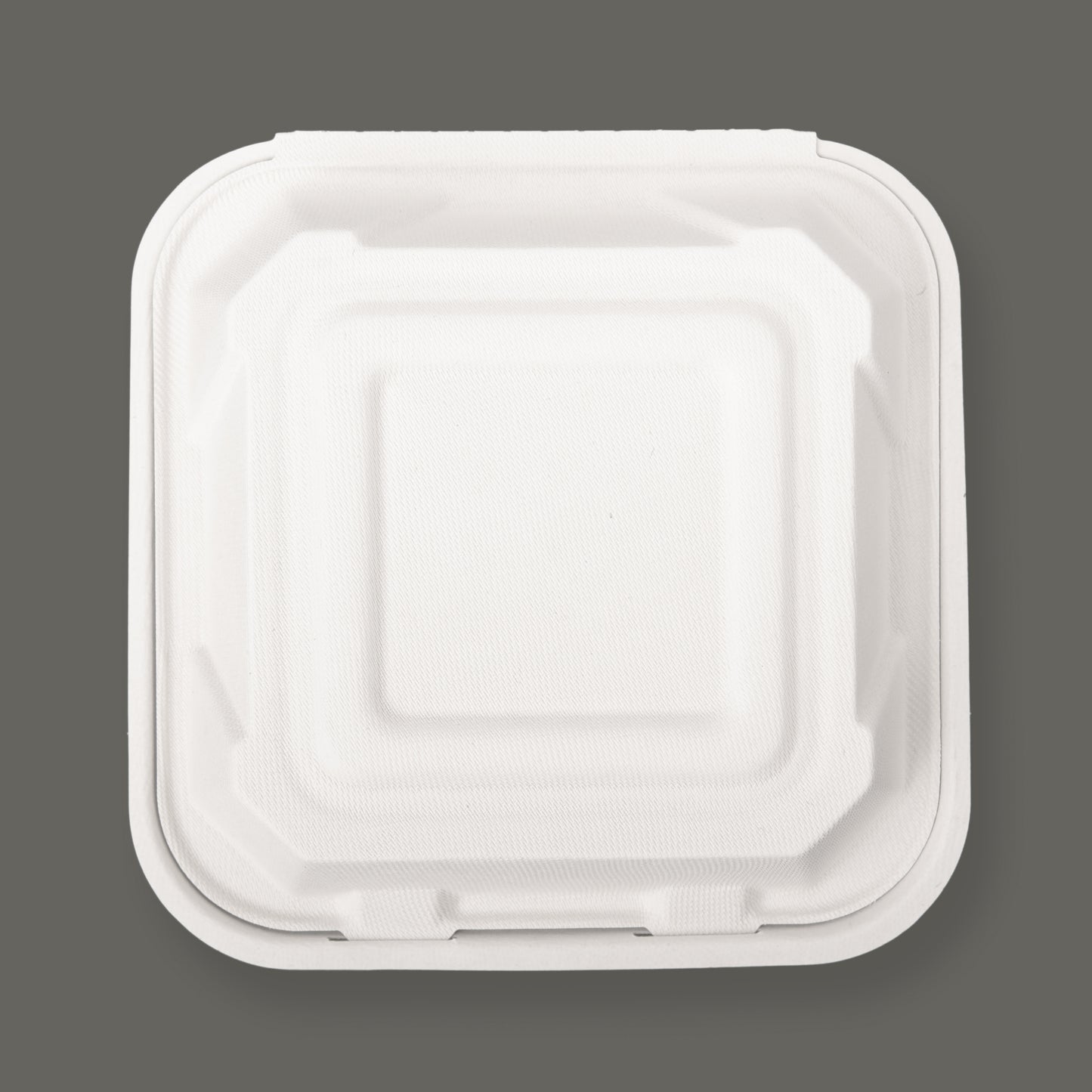 Bagasse Clamshell container 8x8 top view