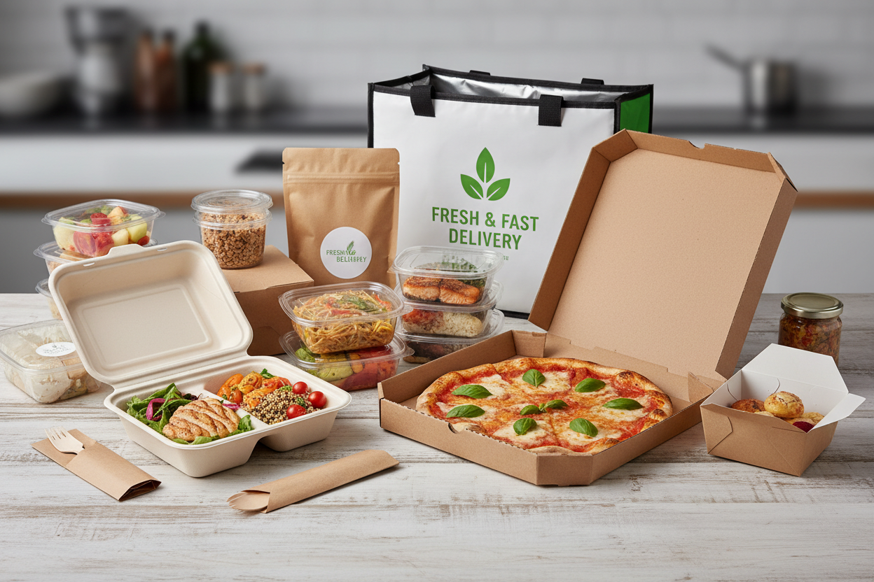 different packaging such as MFPP Containers, Paper Cups, Paper Bags, Kraft Bowls, Wooden Cutlery, Packaging Accessories