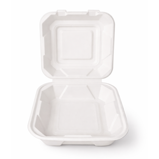 EcoPaack Bagasse Clamshell Container 8"x8"x3" - 35gm - Premium Quality