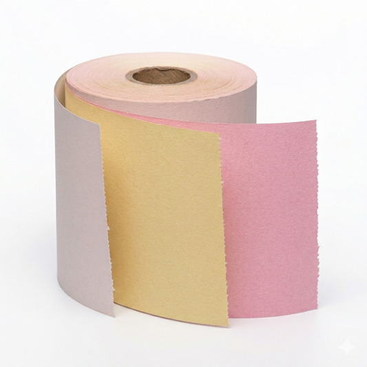 3 Ply 3" x 60ft Carbonless Paper Rolls - White / Yellow / Pink - 50/cs