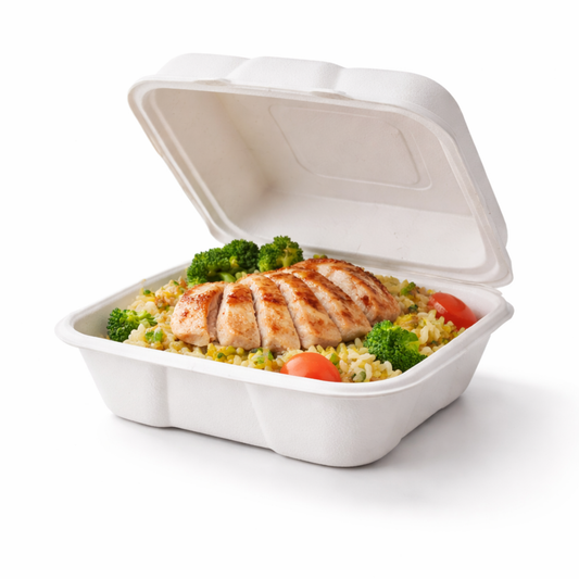 EcoPaack Bagasse Clamshell Container 9"x9"