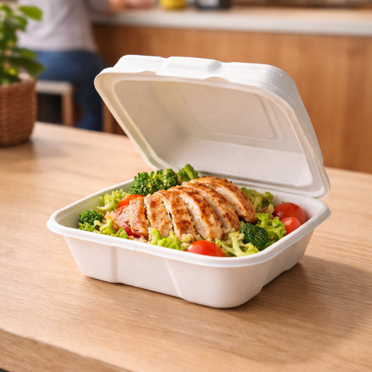 EcoPaack Bagasse Clamshell Container 6"x6"x3"