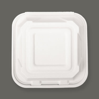 Bagasse Clamshell container 8x8 top view