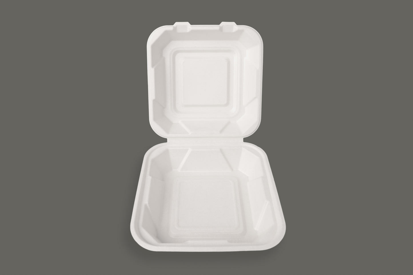 100% Compostable Bagasse Clamshell container 8x8