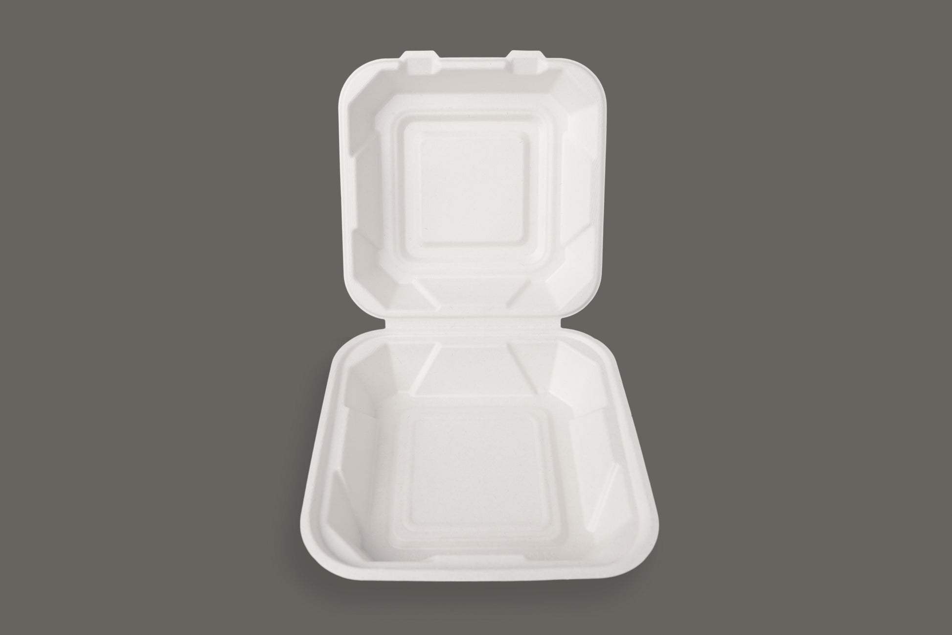 100% Compostable Bagasse Clamshell container 8x8