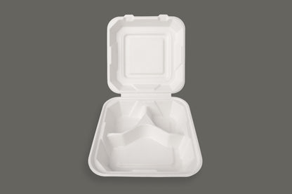 Bagasse Clamshell Container 9"x9"x3" with 3 compartment from EcoPaack