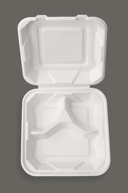 Bagasse Clamshell Container 9"x9"x3" with 3 compartment from EcoPaack