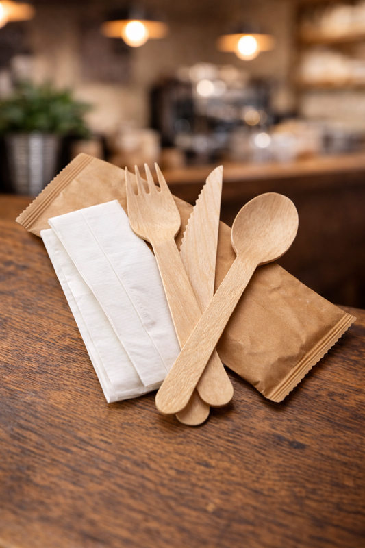 Kit repas 4 en 1 - Fourchette, couteau, cuillère, serviette - 250 pièces - Compostable