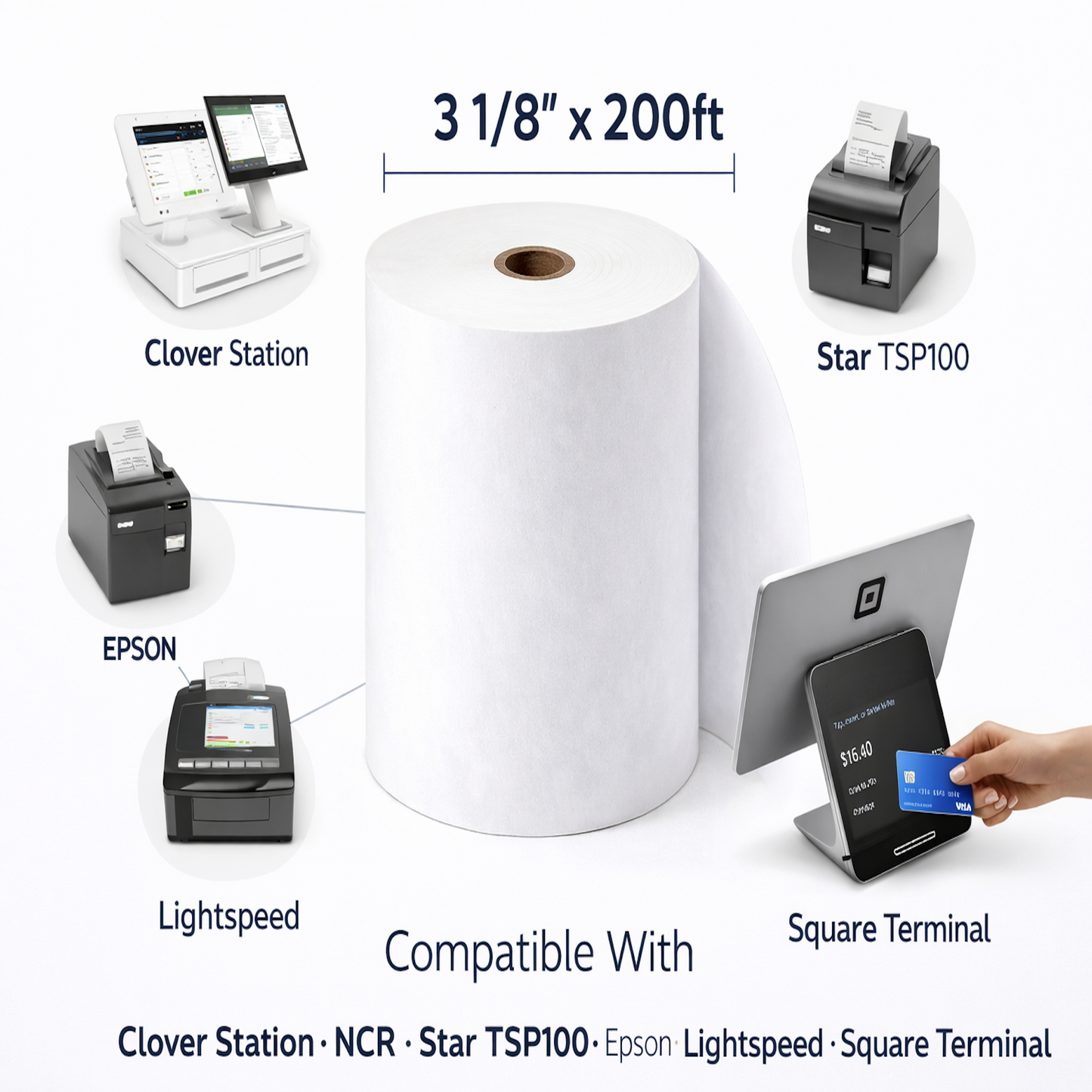 3 1/8" x 200' Premium Thermal Paper Rolls - 55gsm - 50/cs