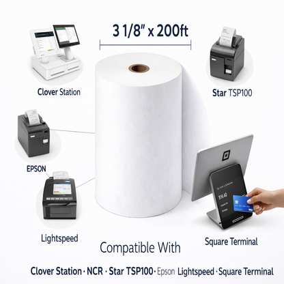 3 1/8" x 200' Premium Thermal Paper Rolls - 55gsm - 50/cs
