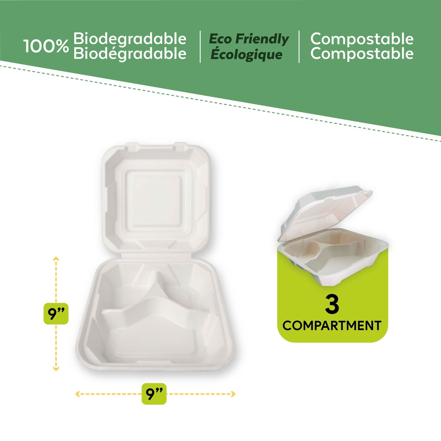 Bagasse Clamshell Container 9"x9"x3" with 3 compartment and measurements from EcoPaack
