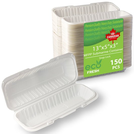 Contenant à emporter pour sous-marins/sandwichs (13 po x 5 po x 3 po) en polypropylène renforcé de fibres de verre (MFPP) - Blanc - 150 unités