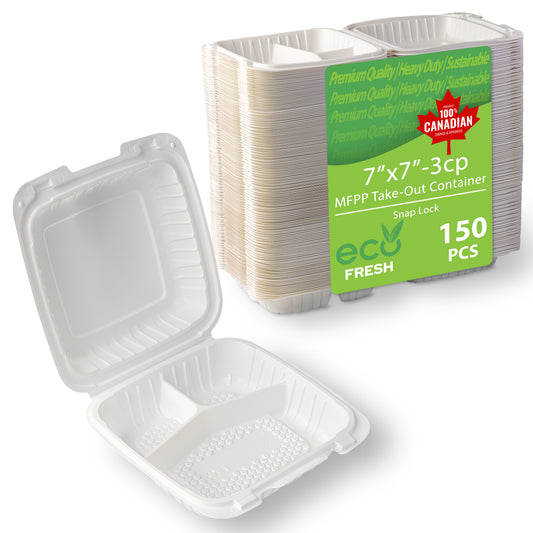 Contenant à emporter MFPP à 3 compartiments 7 po x 7 po - Blanc - 150 unités