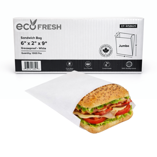 6" x 2" x 9" Greaseproof Sandwich Bag - Jumbo - White