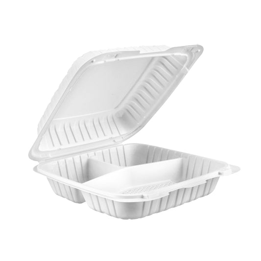 8" x 8" 3 Compartment MFPP Take-Out Container - White - 150pcs