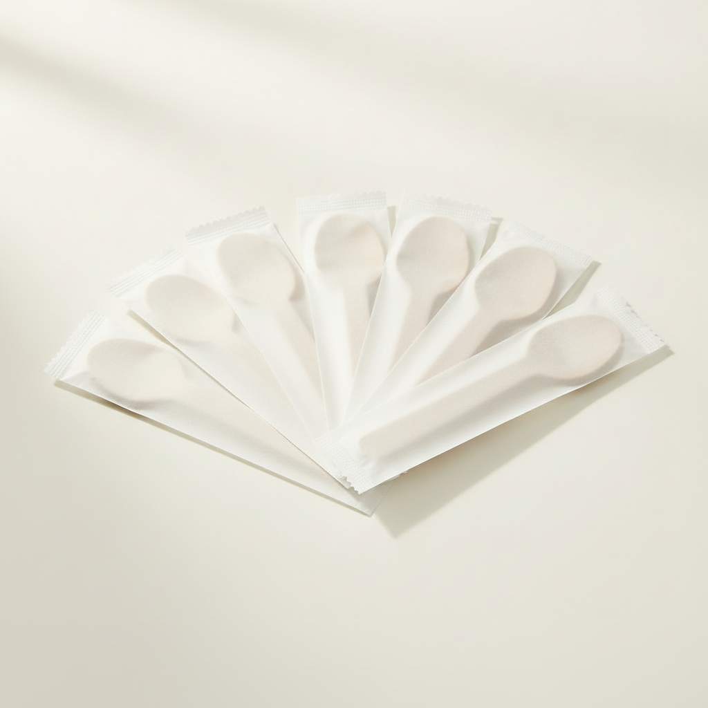 Individually wrapped wooden spoons in opaque white paper sleeves on a clean white background