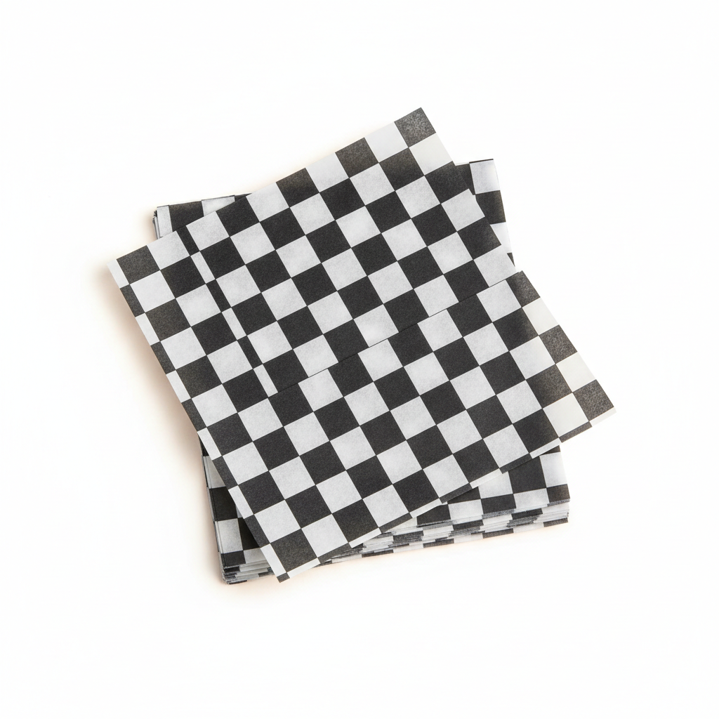 Black and white checkered 12 by 12 inch food paper sheets stacked on a clean white background
