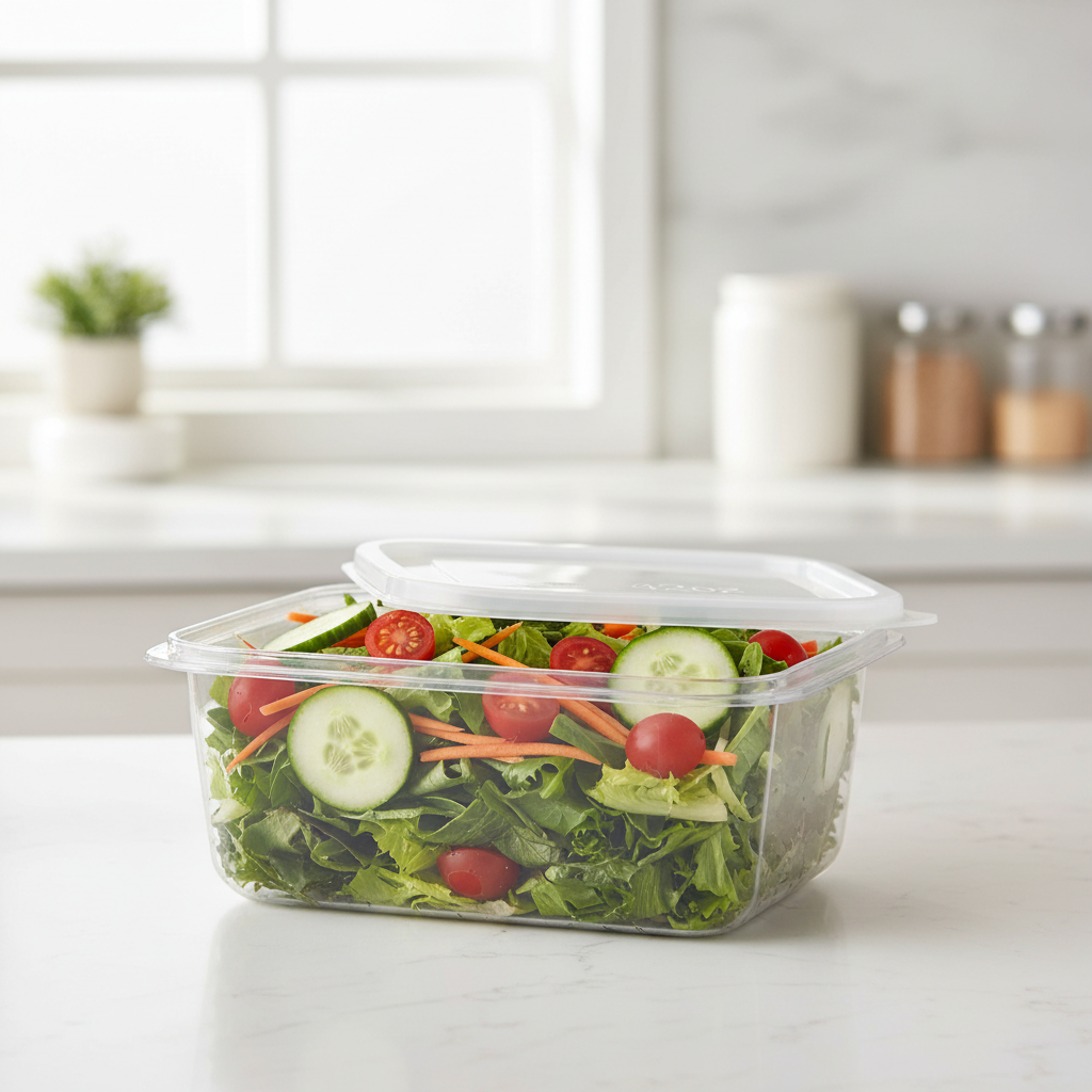 42oz rectangular plastic container filled with fresh colorful salad