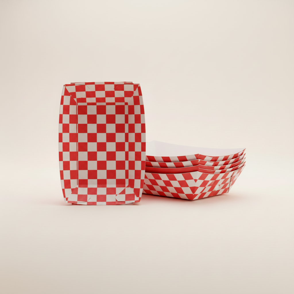 Red and white checkered 2 lb open-top food paper trays on a clean white background