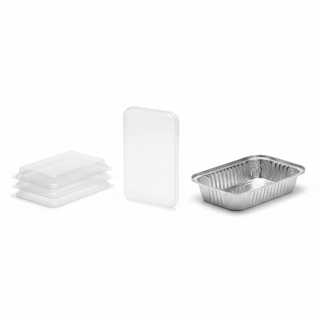 Clear rectangular dome PP lids with squared ends beside a 2 lb aluminum oblong container on a white background