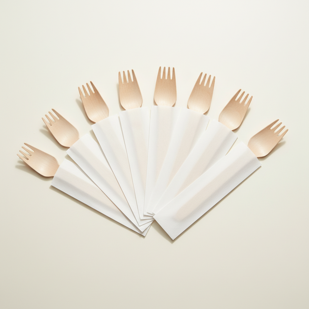 Wooden forks with visible tines in opaque white paper sleeves on a clean white background