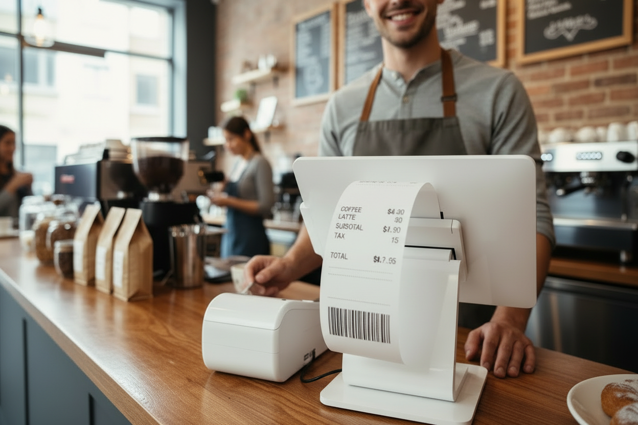 Printer and POS on counter with receipt printing